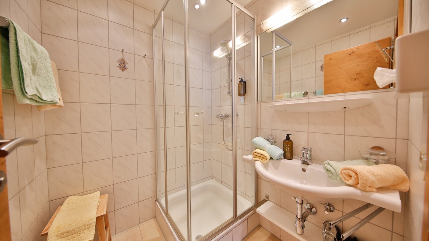 Badezimmer mit Dusche und Waschbecken
